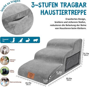 Phone Dog Stairs for Small Dogs, Dog Stairs, Non-Slip Dog Stairs 5 Steps, Washable Dog Ramp Bed, Pet Stairs made of High-Density Sponge, for Injured & Older Dogs, Cats (Pet Stairs 3 Steps, gray)