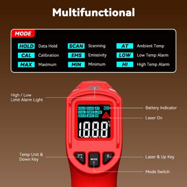 Інфрачервоний термометр Wintact з лазером, -50°C до 600°C, для кухні, приготування їжі, піци та грилю, WT313B