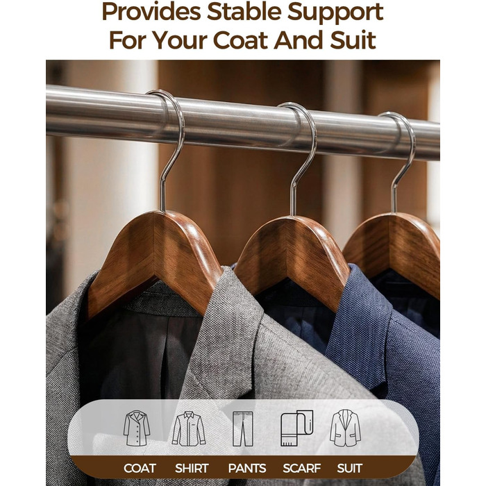 Набір дерев'яних вішалок Premium з широкими плечима (6 шт.) з обертовими гачками | Для пальто, курток, суконь | Натуральне дерево, вінтажний стиль