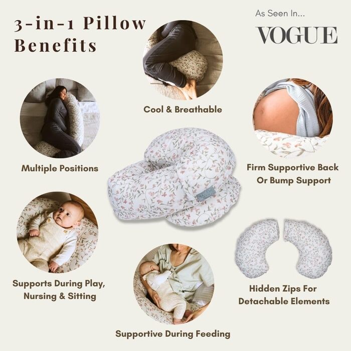 Подушка для вагітних BellaMoon 3-в-1: підтримка всього тіла, C-подібна форма для сну, годування та ліжечка. Знімна, бавовняна наволочка (Waterleaves) (FIeld of Blossoms)