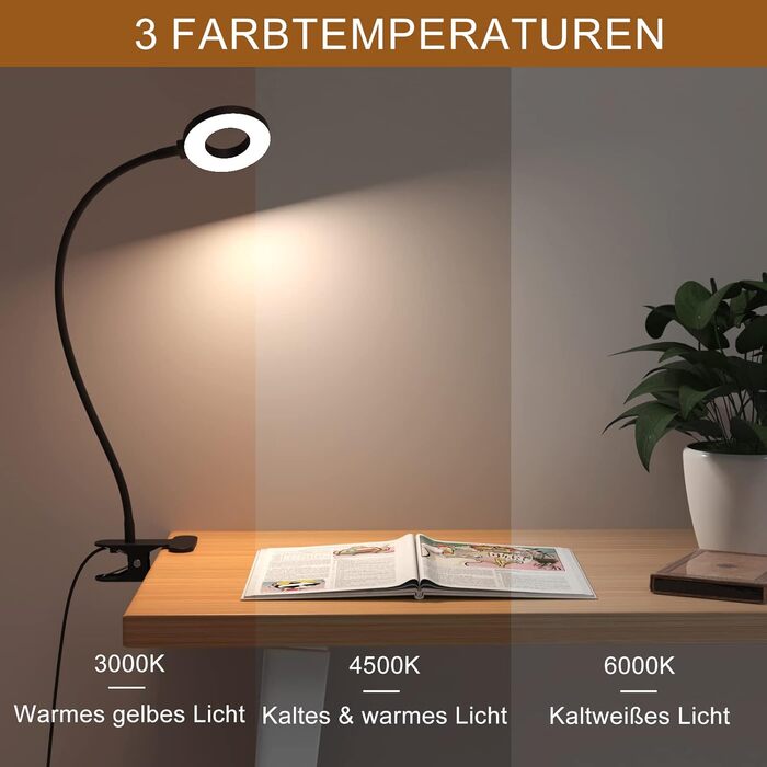 iZELL LED лампа для читання з гнуким світильником - 3 режими, 10 рівнів яскравості, USB-зарядка, 40 см