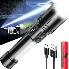 Ліхтар Shadowhawk XHM90.2: Потужний LED ліхтар з LCD дисплеєм, COB бічне світло, 7 режимів, 500000 люмен, тактичний, для кемпінгу та активного відпочинку, чорний