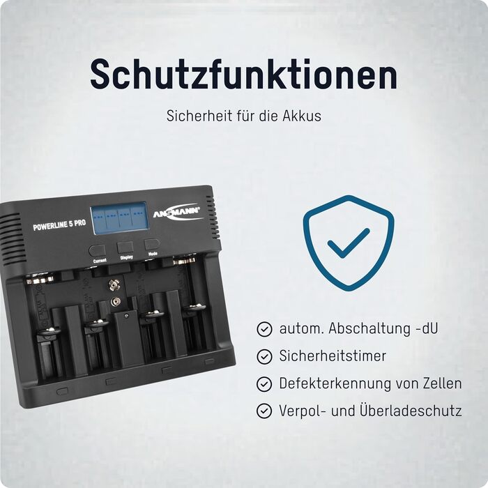 Зарядний пристрій ANSMANN Powerline 5 Pro для акумуляторів NiMH/NiCd з LCD-дисплеєм та мікропроцесорною технологією, багаторазовий захист
