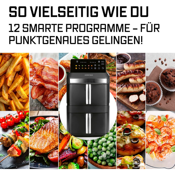 Фритюрниця повітряна GOURMETmaxx 4.5L з цифровим дисплеєм, 1400W, автоматичне вимкнення, захист від перегріву, миється у посудомийній машині, чорний (2x6L)