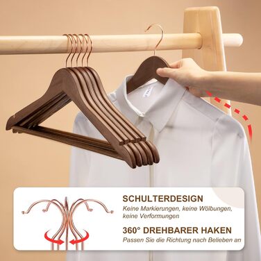 HOUSE DAY Wooden Clothes Hangers, 32 Pack, Walnut Wood Hangers, Walnut Clothes Hangers, Wooden Hangers, Clothes Hangers, Stable Clothes Hangers, Swivel Clothes Hangers, 44.5cm Wide, with Notch, Roségold Hook