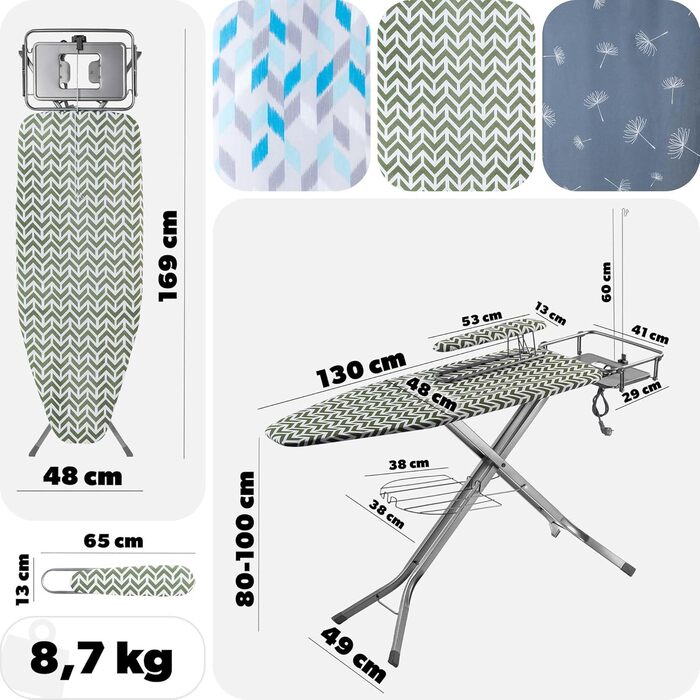 Прасувальна дошка KADAX з підвішувачем для рукавів, 130x41 см, з підставкою для праски та розеткою, складана, Made in EU (зелена)