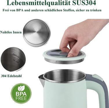 Електричний чайник MiliPow 0.8 л, 600 Вт, для подорожей, з нержавіючої сталі 304, швидкий, з автовимкненням (зелений)