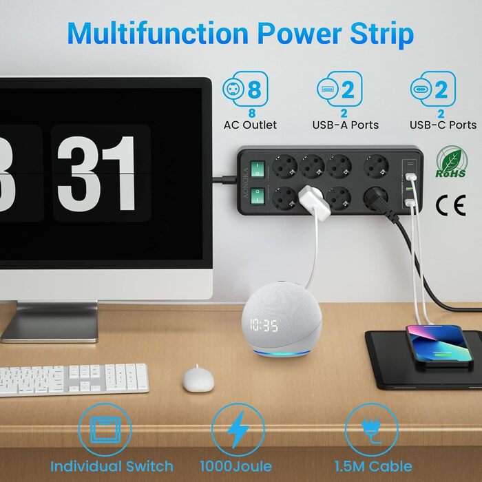 Мережевий фільтр 8 розеток з USB C, USB A, захистом від перенапруги, адаптер розеток, з двома вимикачами, кабель 1.5м, чорний