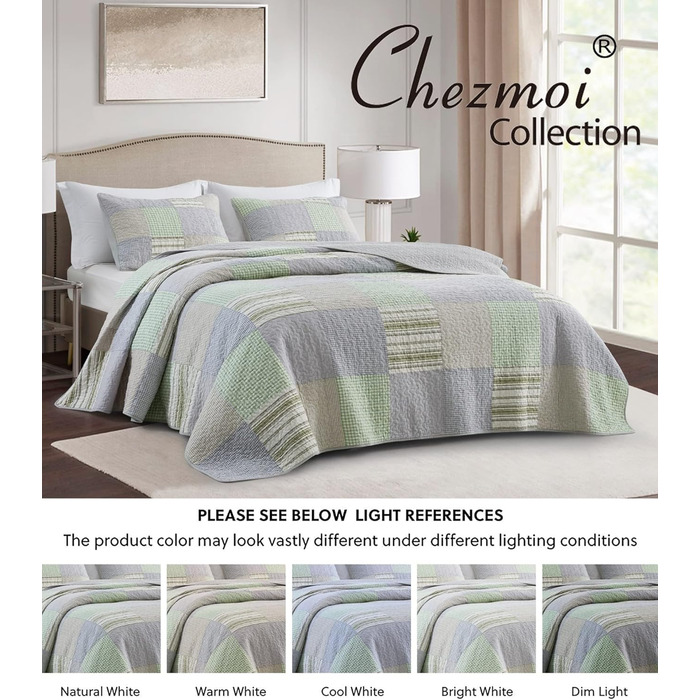 Комплект ковдр Chezmoi Collection Quinn: 3 шт. з квітковим візерунком гібіскуса, смугастий, з бавовни, легко переться – легка двостороння ковдра, розмір Queen (Плед Candy Patchwork Зелений Сірий)