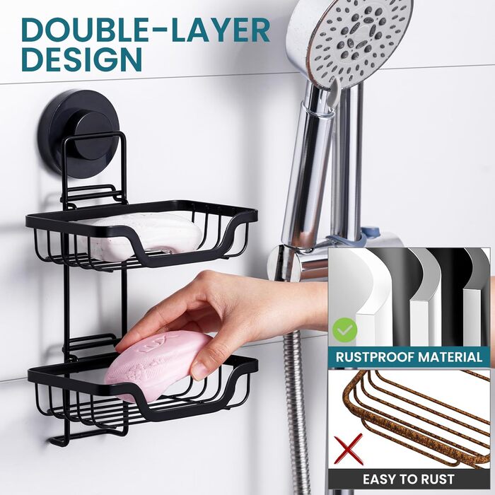 TAILI Shower Soap Dish with Drain and Hook, MAX Hold 5 KG, Stainless Steel Soap Dishes No Drilling Required, Bathroom Soap Holder Wall Mount, Double Soap Holder with Suction Cup, Sponge Holder, Black