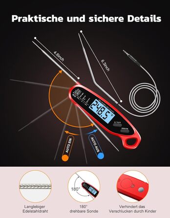 Термометр для м'яса Babacom з миттєвим відображенням та двома зондами, великим екраном, налаштуванням тривоги та калібруванням. Підходить для приготування на грилі, в духовці, для цукру та рідин.