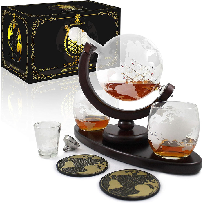 Globus Decanter Gift Set. Includes a wooden base, 2 glasses, 2 coasters, a shot glass, and a funnel. This whiskey decanter and glasses set is the perfect gift.