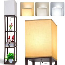 Світлодіодна торшер з дерева, 1.6м, з цоколюванням E27 (3000K-5000K), ретро торшер з 3 полицями, 3 колірні температури, настільна лампа з абажуром для спальні, кута, вітальні, офісу (коричневий)