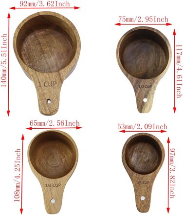 Wooden measuring cups and spoons, for baking, cooking, spices, coffee, tea, powdered milk, set of 4