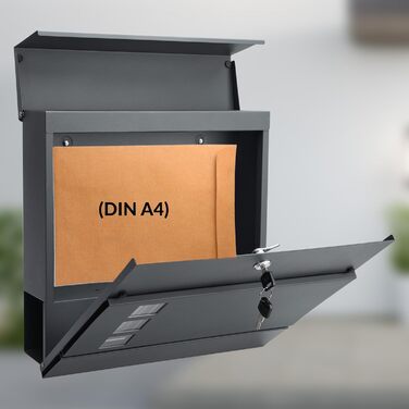 Поштовий ящик Monzana XXL з газетницею та оглядовим вікном, сталевий, антрацит, з ключем (2 ключі), для настінного монтажу