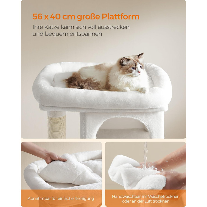 Feandrea Cat Tree, 84 cm Cat Tree, L, Cat House for Large Cats up to 7 kg, Large Platform, 2 Cat Caves, Sisal Posts, PCT61W (L (60 x 40 x 84 cm), Cream White)