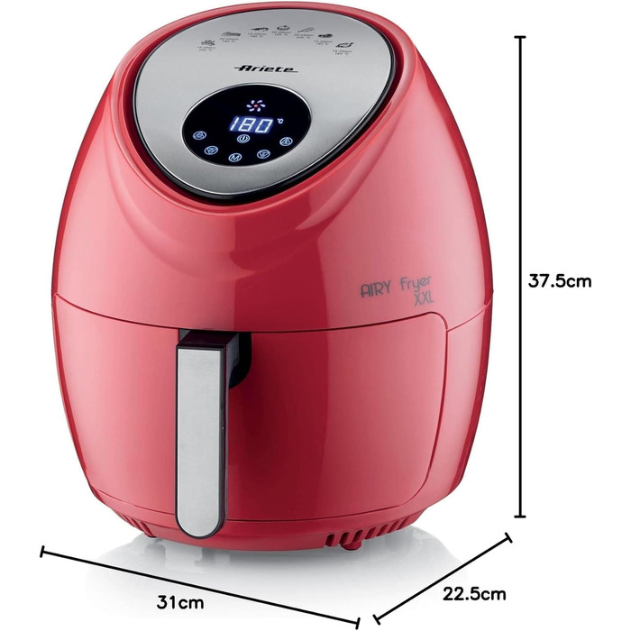 Ariete Airy Fryer XXL 4618, Hot Air Fryer 7 Liter, 60-Minute Timer, LCD and Touchscreen with 7 Cooking Levels, Maximum Temperature 200° C, Capacity 2.5Kg, 1800W, Red