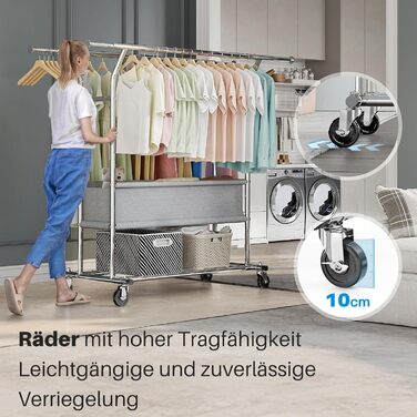 HOKEEPER Clothes Rack with Shelves, 450 kg Capacity, Rolling Clothes Rack, Portable Clothes Hanger, Chrome (D005)