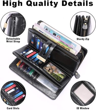 LUROON Wallet for Women Large with Many Compartments, Leather Wallet for Women Large with 24 Card Slots, RFID Women's Wallet Long Wallet for Women with Phone Pocket and Zipper