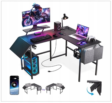 Кутовий ігровий стіл з підставкою під монітор, USB-портами, LED-підсвіткою та аксесуарами