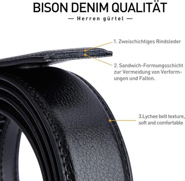 Чоловічий шкіряний ремінь BISON DENIM з автоматичною пряжкою - для бізнесу та костюмів, ширина 35 мм, чорний, розмір 115