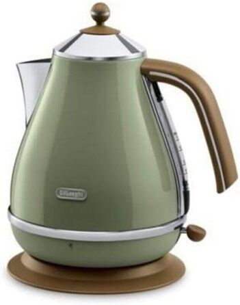 De'Longhi Icona Vintage KBOV2001.GR Kettle - 1.7 l with water level indicator and 360° base, Stainless steel in an elegant retro look with chrome details, 2000 W, 23.01 x 23.01 x 26.49 cm, Olive Olive Single