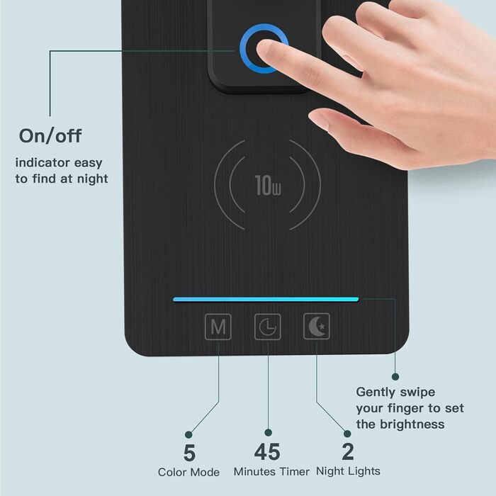 Світлодіодна лампа настільна з регулюванням яскравості та функцією зарядки, годинник - нічник з бездротовим зарядним пристроєм 10W, USB-порт, складний дизайн, сенсорне керування 5 рівнів, 3 режими Tx223black-eu