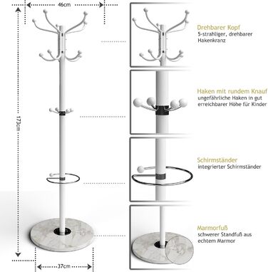 Casaria® Clothes Rack Marble Base Metal 14 Hooks 360° Swivel Stable 37x37x175 cm Entryway Office Coat Rack Clothes Rail Jacket Stand (White, Straight)