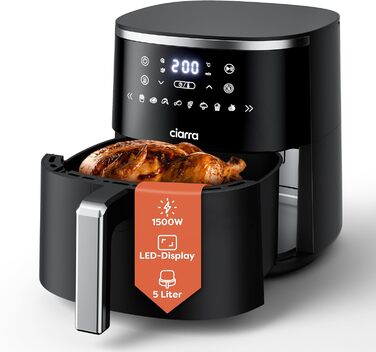 Фритюрниця без олії Ciarra CBAWAF1A AirFryer XL 5л, 1500W, 8 програм, 80-200°C, RapidAir, Touchscreen, Чорний