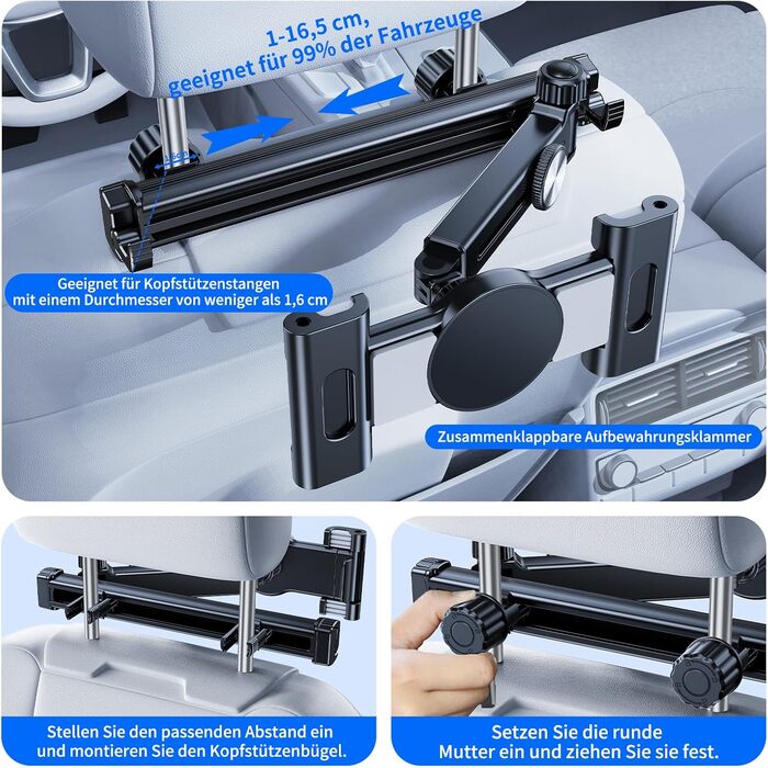 Тримач для iPad/Tablet в авто, висувний, для iPhone/Samsung/Switch/Kindle, 4-13 дюймів, з гачками, чорний