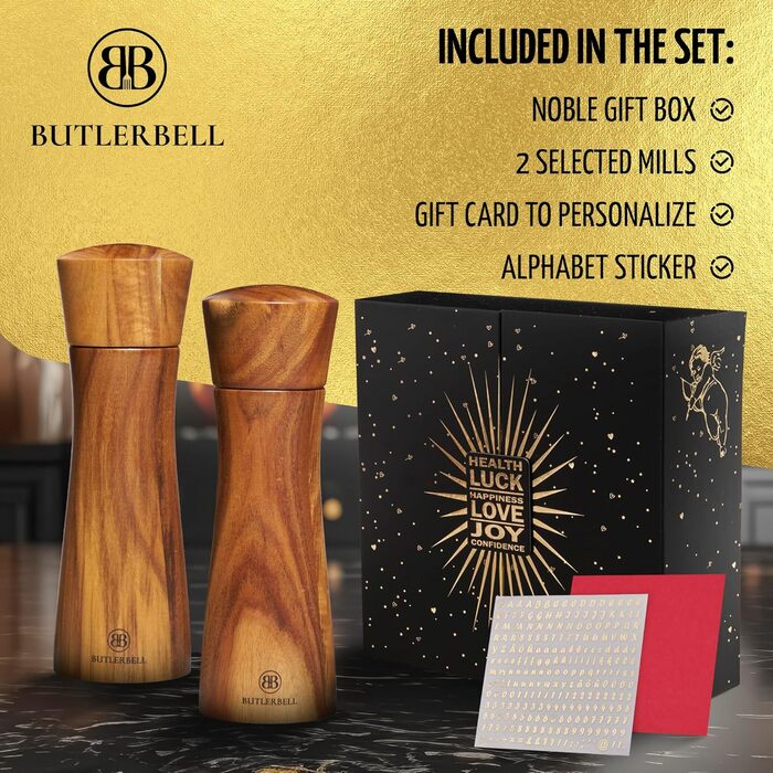 BUTLERBELL® English | Salt and pepper mill made of wood in a luxury gift box with heart, ideal as a wedding gift | Wedding gifts | Wedding gifts for the wedding couple | Housewarming gift (Cupidon)