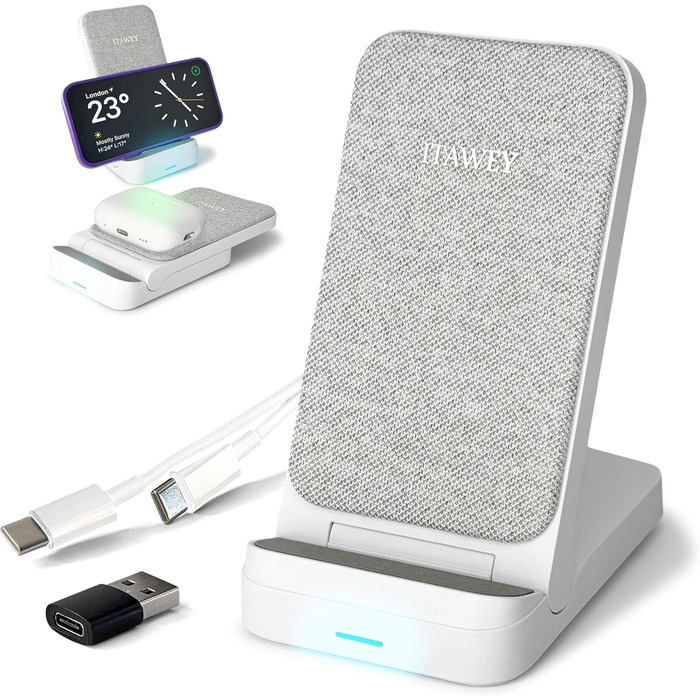 Бездротова зарядка 15W, складана, кабель 1.5м + USB-перехідник, сумісна з iPhone 15/14/13/12/11, Galaxy S25/S24/S23/S22/S21/S20/S10 та всіма Qi-телефонами, білий