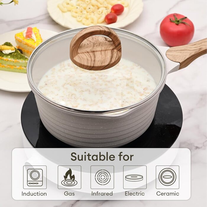 Каструля JEETEE 16 см, 1.5 л з кришкою, антипригарне покриття, для плити (індукційна, електрична, газова), бежева