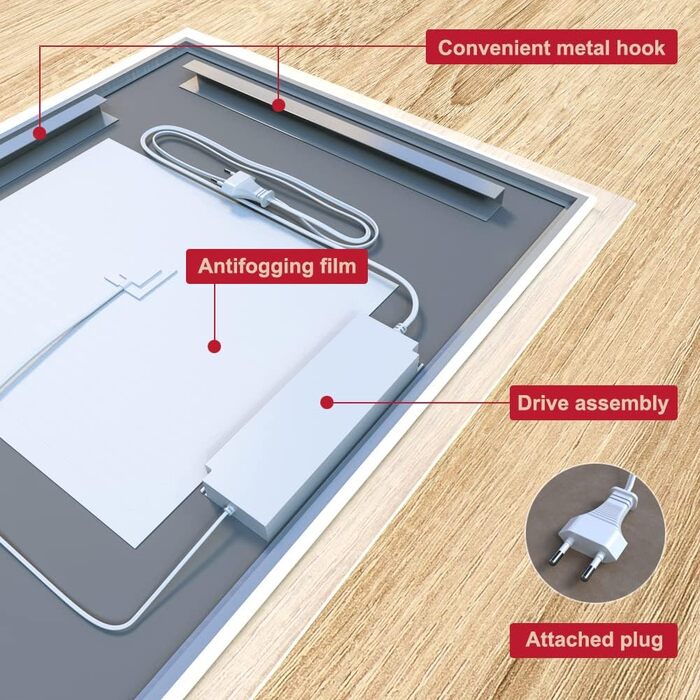 Дзеркало для ванної кімнати LED з підсвіткою, настінне, Bluetooth, антизапарник, IP44, вертикальне/горизонтальне (50x70 см)