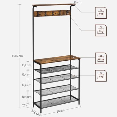 VASAGLE Coat Rack, Clothes Rack, Shoe Shelf, Wardrobe with 5 Double Hooks, 5 Shelves, One Top Shelf, for Apartments, Bedrooms, Hallways, Industrial Design, Vintage Brown-Black HSR408B01 (31.5 x 68 x 183.5 cm)