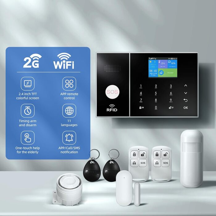 Бездротова сигналізація для квартири GSM/WiFi з сиреною 120 дБ, розумною дистанційною, LCD-дисплеєм, голосовими повідомленнями, для безпеки дому та офісу