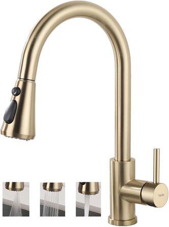 Кухонний змішувач з висувною лійкою, 3 режими струменя, поворотний на 360°, високого тиску, для кухні, матовий золотий