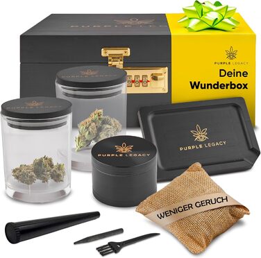 Stash Box: Lockable pine wood box with number lock | Rolling Tray Set and 2x Stash Jar | Grinder Set | Lockable Roll Box