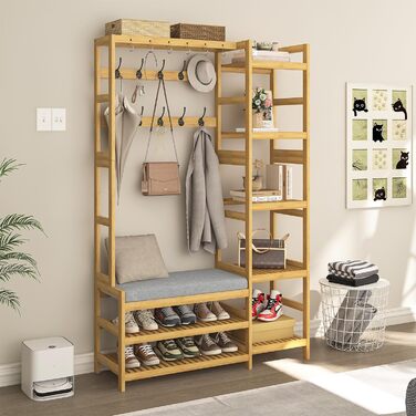 VIAGDO Wardrobe with Shoe Bench, Clothes Rack with 5 Storage Shelves, Wardrobe with Shoe Shelf, 10 Double Hooks, Entryway Wardrobe for Hallway and Bedroom 104x33x175 cm (104 x 33 x 175 cm)