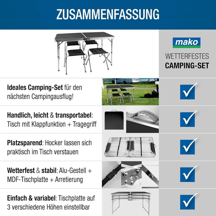 Складаний кемпінговий стіл з алюмінієвою рамою та стільницею МДФ 120x60x70 см + 4 стільці - для пікніка, дачі, відпочинку на природі