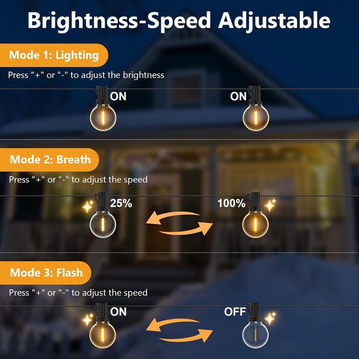 Льо́хкова гірлянда з 50+2 LED-лампочками, 45 метрів, IP45, тепле біле світло, для саду, тераси, святкування, з пульт дистанційного керування