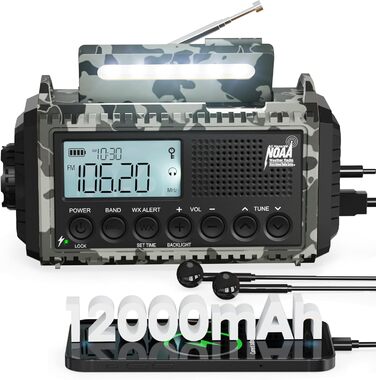 Радіо Roxicosly з ручним приводом, аварійне радіо з Power Bank, AM/FM/SW радіо, радіо з ручним приводом та 5 функціями, світовий приймач, ліхтарик та зарядний пристрій, для відпочинку на природі, кемпінгу та походів (Сірий камуфляж, 12000mAh)