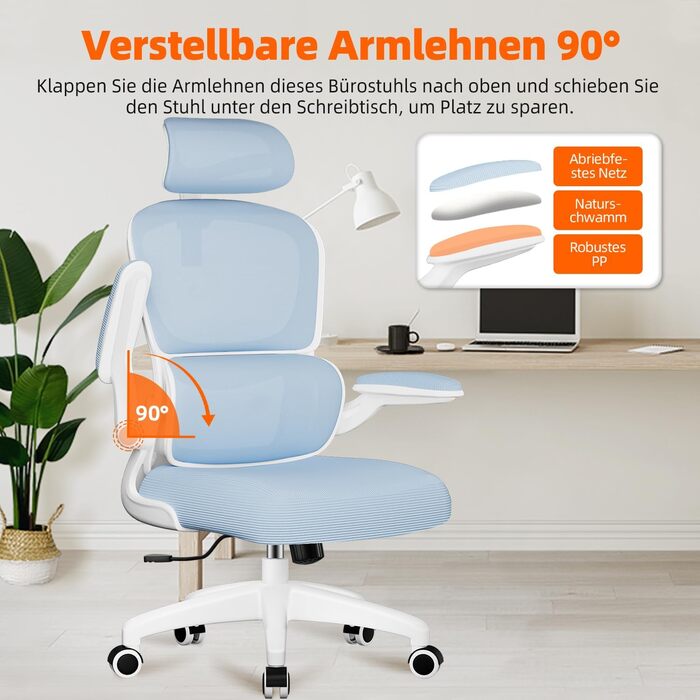 Ергономічне крісло для офісу з регульованою підголівником, підтримкою попереку та відкидними підлокітниками, крісло для начальника, 150 кг, функція гойдання до 135° (Блакитний, Модель 2)