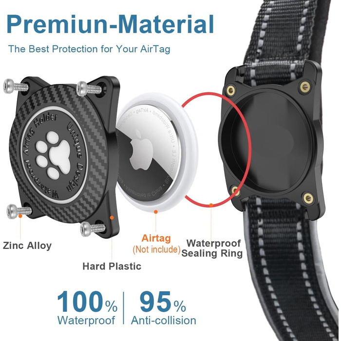 Світловідбиваючий нашийник для собак AirTag, водонепроникний, середній розмір (30.5-38 см), чорний