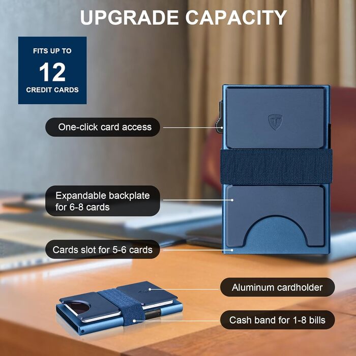 Чоловічий тонкий металевий картхолдер на 12 карт з RFID захистом, виштовхувальною кнопкою, Marineblau (морський синій)