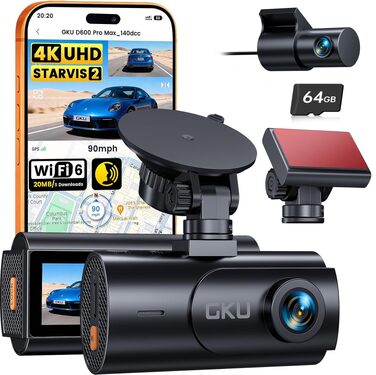 Автомобільний відеореєстратор GKU D600ProMax 4K Ultra HD з передньою та задньою камерами, сенсором STARVIS 2, WiFi 6 та карткою пам'яті SD
