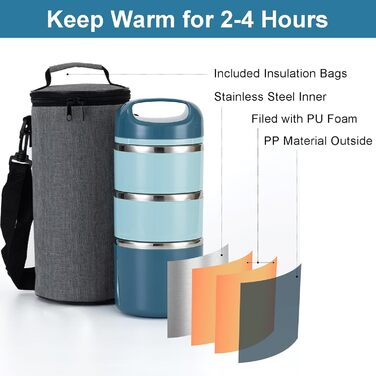 Ланчбокс Lille Home з нержавіючої сталі 1.43л, 3-рівневий, ізольований, без BPA, для їжі на виніс, підходить для жінок та чоловіків (блакитний)