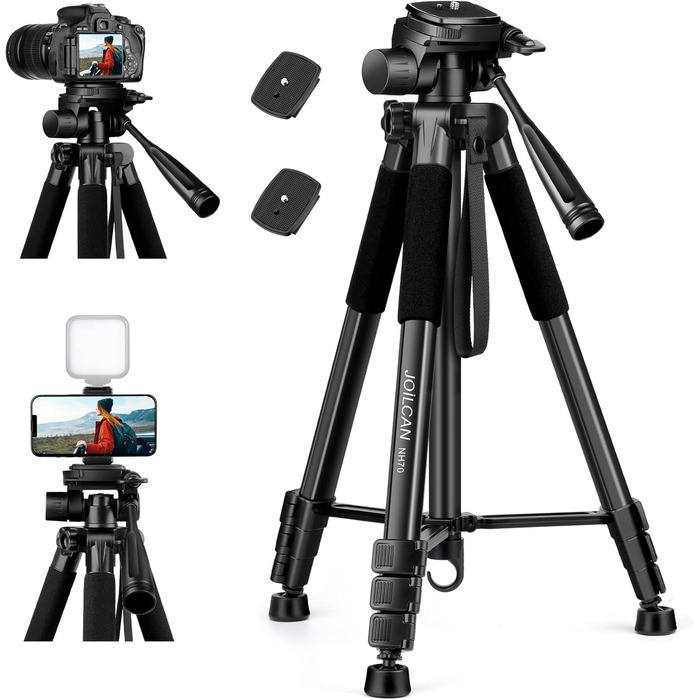 Штатив для камери JOILCAN 165см, алюміній, чорний. Підходить для Canon, Nikon, Sony DSLR, смартфонів. Макс. навантаження 5,5 кг, з сумкою