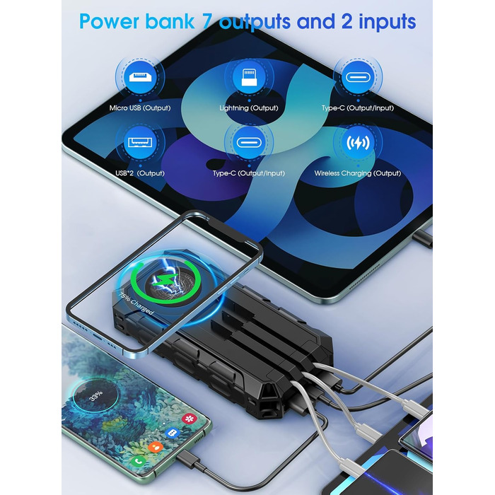 Портативний акумулятор 52800mAh з сонячною панеллю, 30W, з LED-ліхтариком та 7 виходами, чорний