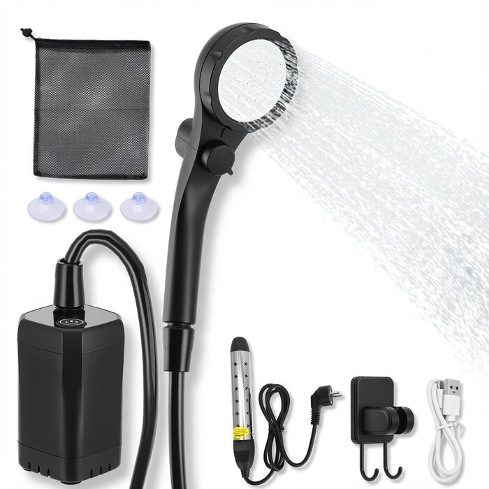 Портативний душ Campingdusche 6000 mAh з насосом, шланг 200 см, для кемпінгу, саду, авто, тварин, пляжу, подорожей (Чорний)